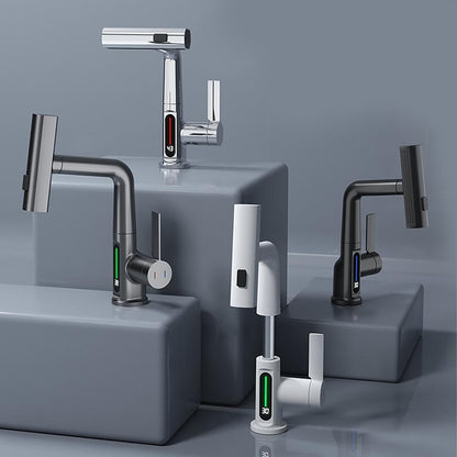 LED Digital Display Waterfall Bathroom Faucet, Single-Handle Pull-Out Faucet, Chrome / Gunmetal / Matte Black / Matte White