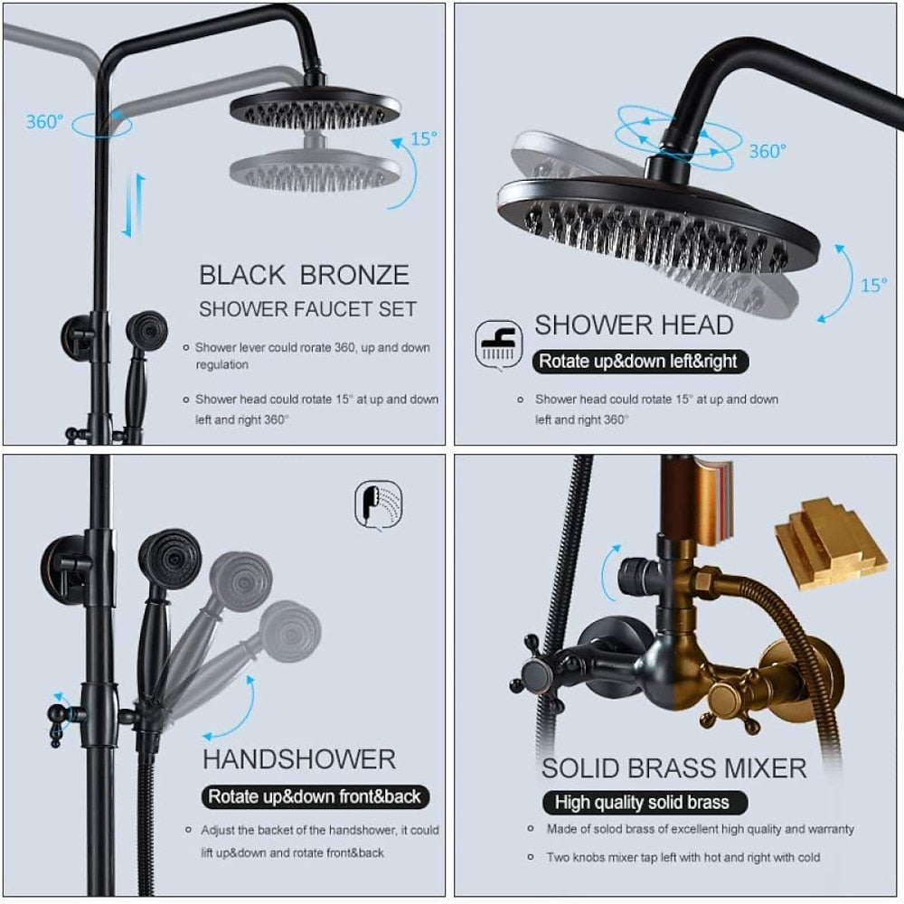 Oil-Rubbed Bronze Antique Rainfall Shower System, Wall-Mounted Brass Dual-Handle Shower Faucet with Handheld Shower