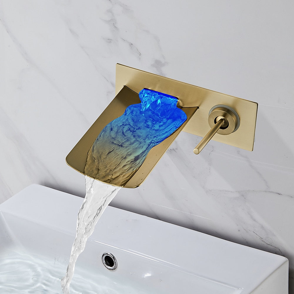 LED Waterfall Bathroom Faucet, Wall-Mount Single-Handle Brass Faucet, Brushed Gold / Matte Black / Oil-Rubbed Bronze