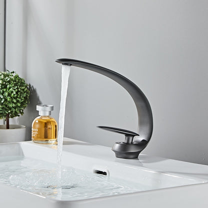 High Arc Spout Modern Single-Hole Bathroom Faucet, Single-Handle Brass Body Sink Faucet