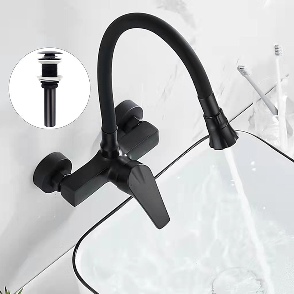 Matte Black Wall-Mount Kitchen Faucet, Single-Handle Bendable Spout Faucet