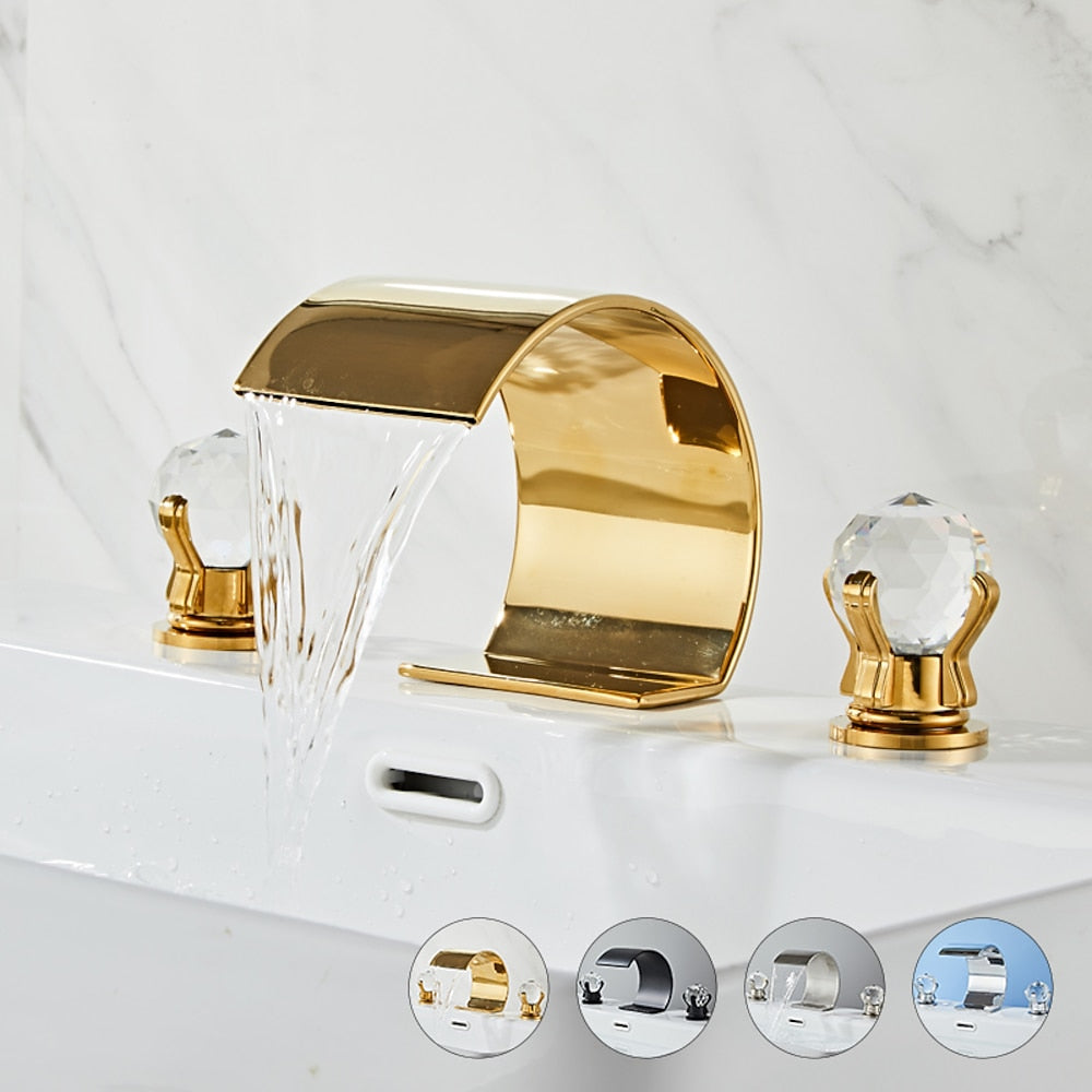 Waterfall Widespread Bathroom Faucet, 3-Hole Dual Crystal Knob Handle Faucet, Chrome / Matte Black / Polished Gold / Brushed Nickel