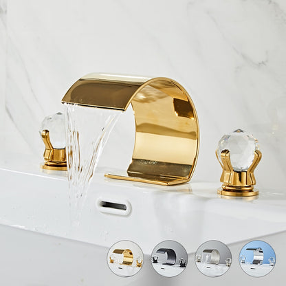 Waterfall Widespread Bathroom Faucet, 3-Hole Dual Crystal Knob Handle Faucet, Chrome / Matte Black / Polished Gold / Brushed Nickel
