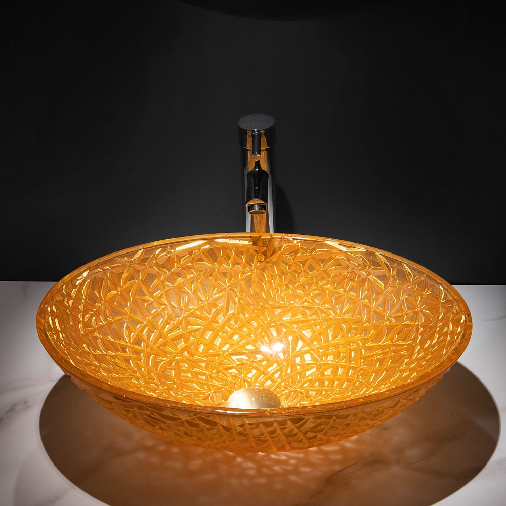 Orange Oval Glass Vessel Sink with Chrome Faucet, Single-Handle Bathroom Vessel Faucet with Pop-Up Drain