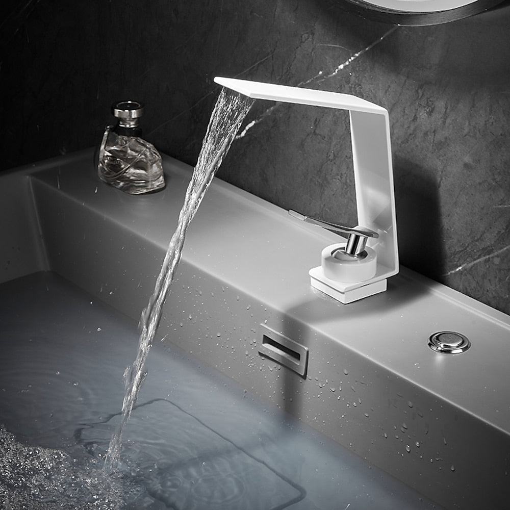 Waterfall Single-Hole Bathroom Faucet, Single-Handle Brass Faucet, Matte Black / Matte White / Chrome / Gunmetal
