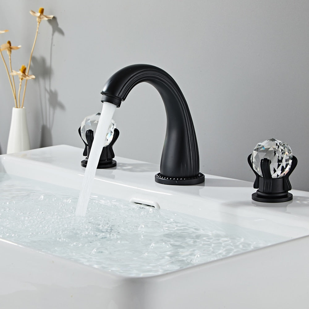Modern Widespread Bathroom Faucet with Crystal Knob Handles, 3-Hole Double-Handle Brass Basin Mixer Tap, Antique Brass / Brushed Gold / Chrome / Matte Black / Rose Gold / Gunmetal / PVD