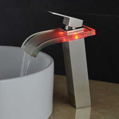 LED Glass Waterfall Bathroom Faucet, Single-Handle Single-Hole Faucet, Brushed Nickel / Brushed Gold / Matte Black / Chrome