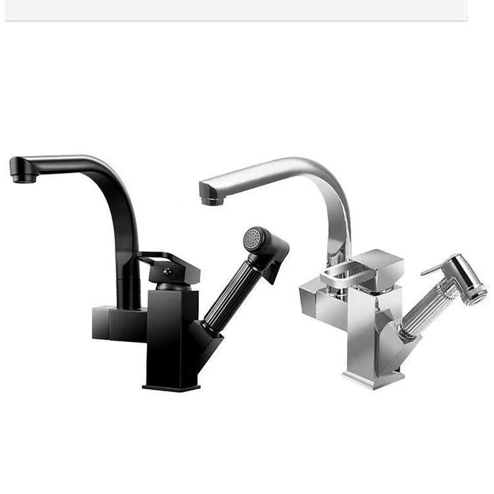 Modern Single-Handle Kitchen Faucet, Swivel Spout Faucet with Pull-Out Sprayer, Matte Black / Chrome
