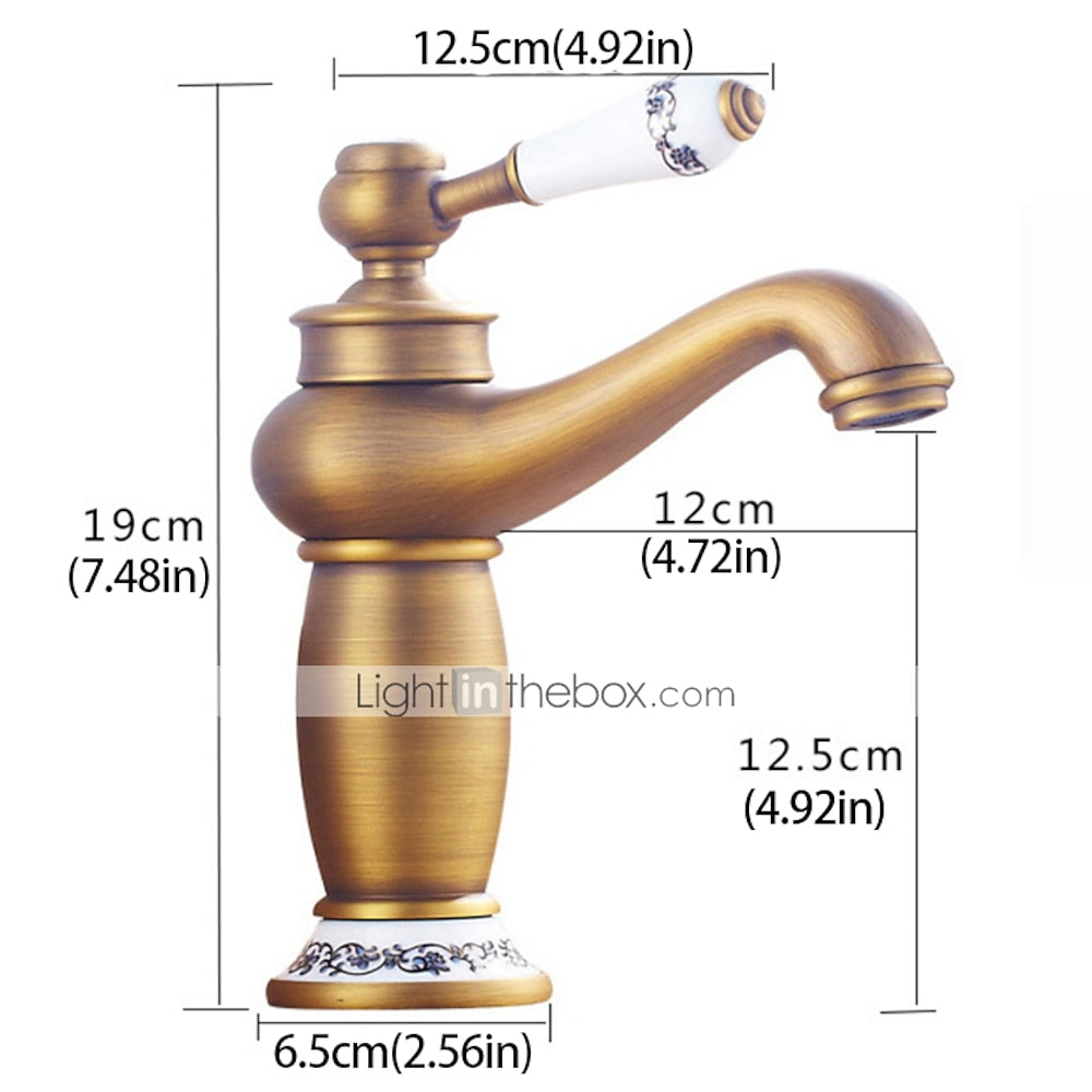 Vintage Single-Hole Bathroom Faucet, Single-Handle Brass Sink Faucet with Ceramic Floral Lever