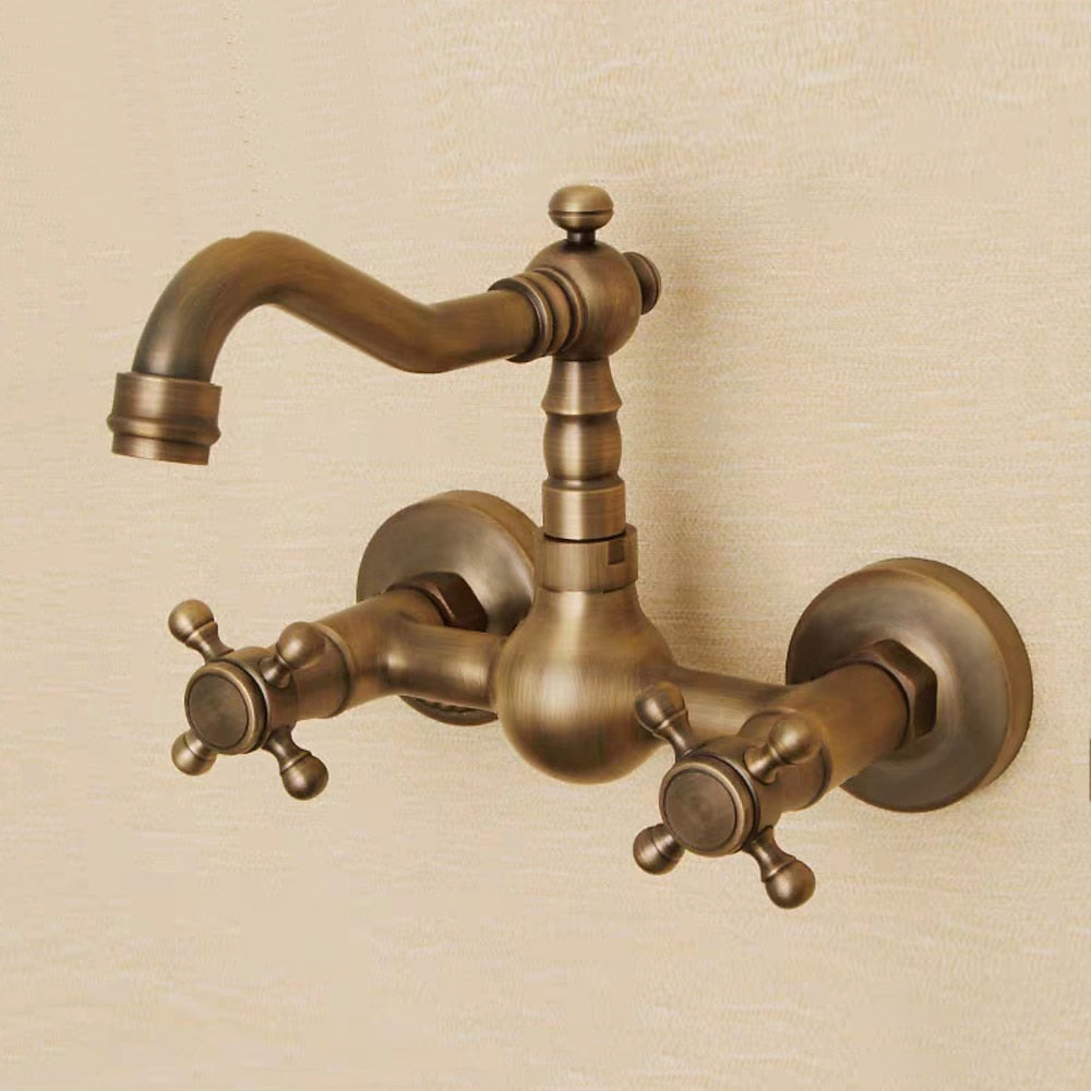 Antique Brass Wall-Mount Bathroom Faucet, Double Cross Handle Swivel Spout Faucet