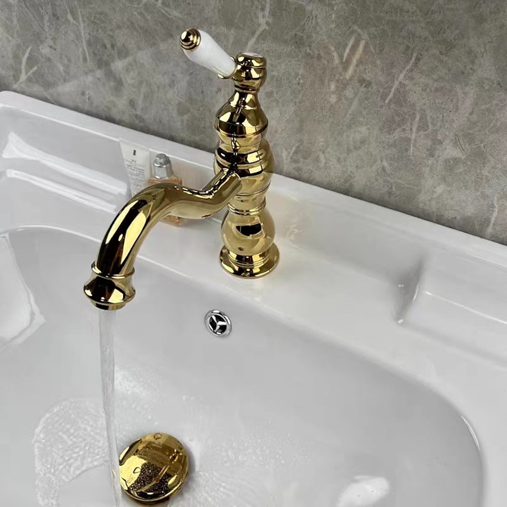 Vintage Single-Hole Bathroom Sink Faucet, Single-Handle Brass Faucet, Polished Gold / Chrome