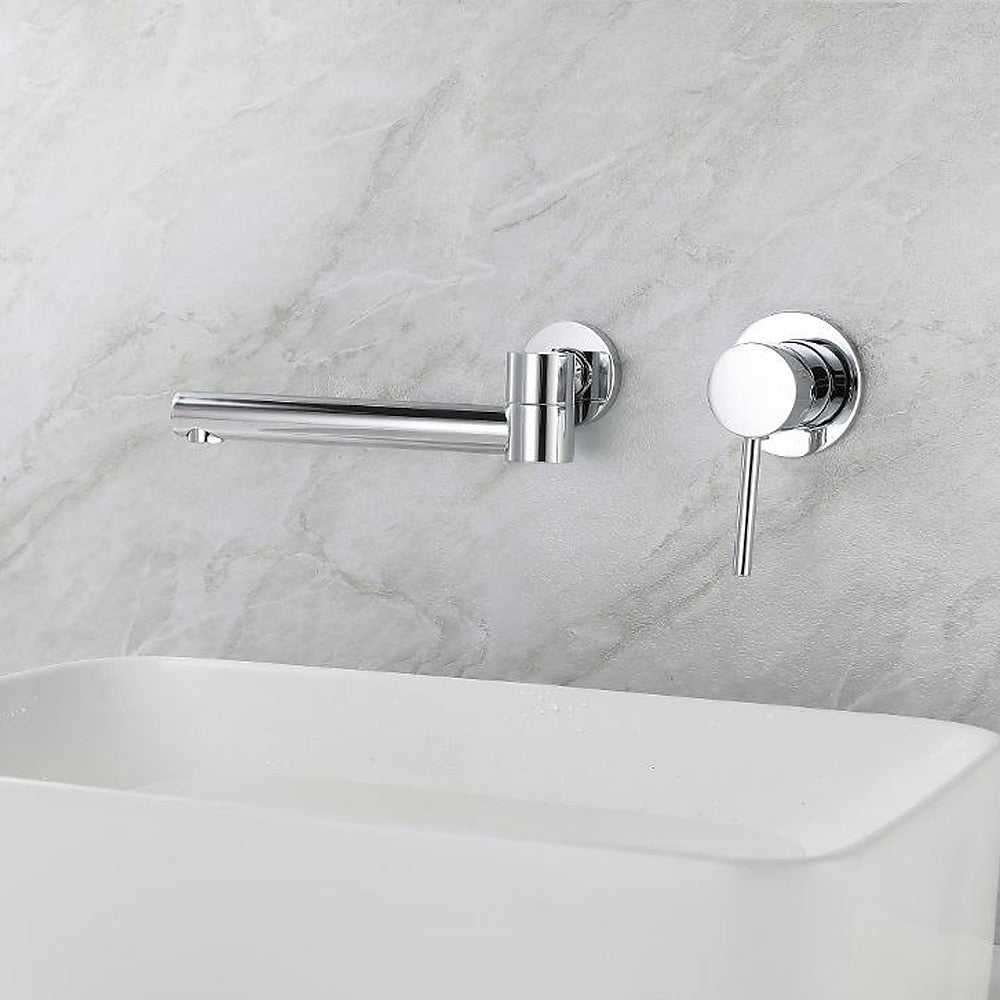 Modern Wall-Mount Single-Handle Bathroom Faucet, Swivel Spout Brass Basin Faucet, Chrome / Matte Black