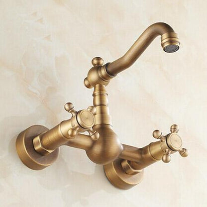 Antique Brass Wall-Mount Kitchen Faucet, Traditional Double Cross Handle Swivel Spout Faucet