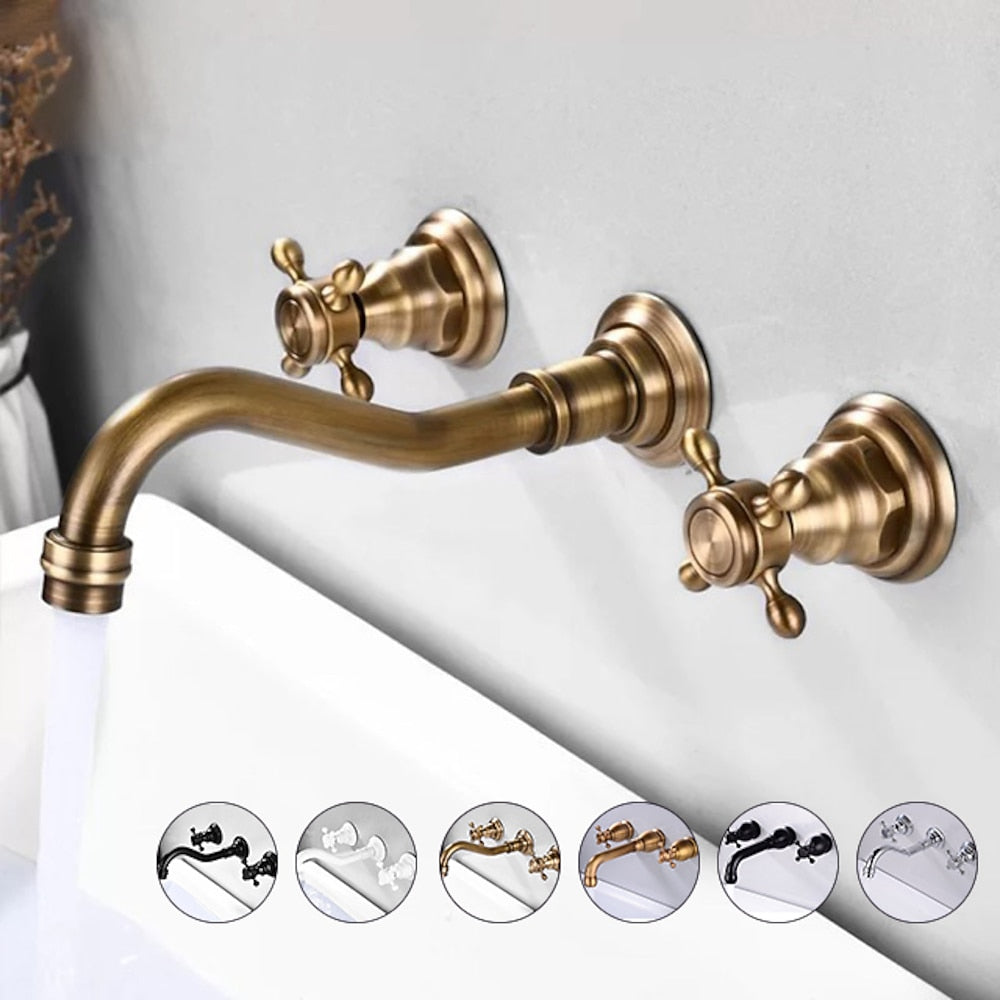 360-Degree Swivel Spout Wall-Mount Bathroom Faucet, Traditional Dual Cross Handle Brass Faucet, Antique Brass / Matte Black / Chrome / Matte White