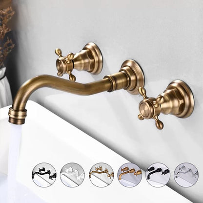 360-Degree Swivel Spout Wall-Mount Bathroom Faucet, Traditional Dual Cross Handle Brass Faucet, Antique Brass / Matte Black / Chrome / Matte White
