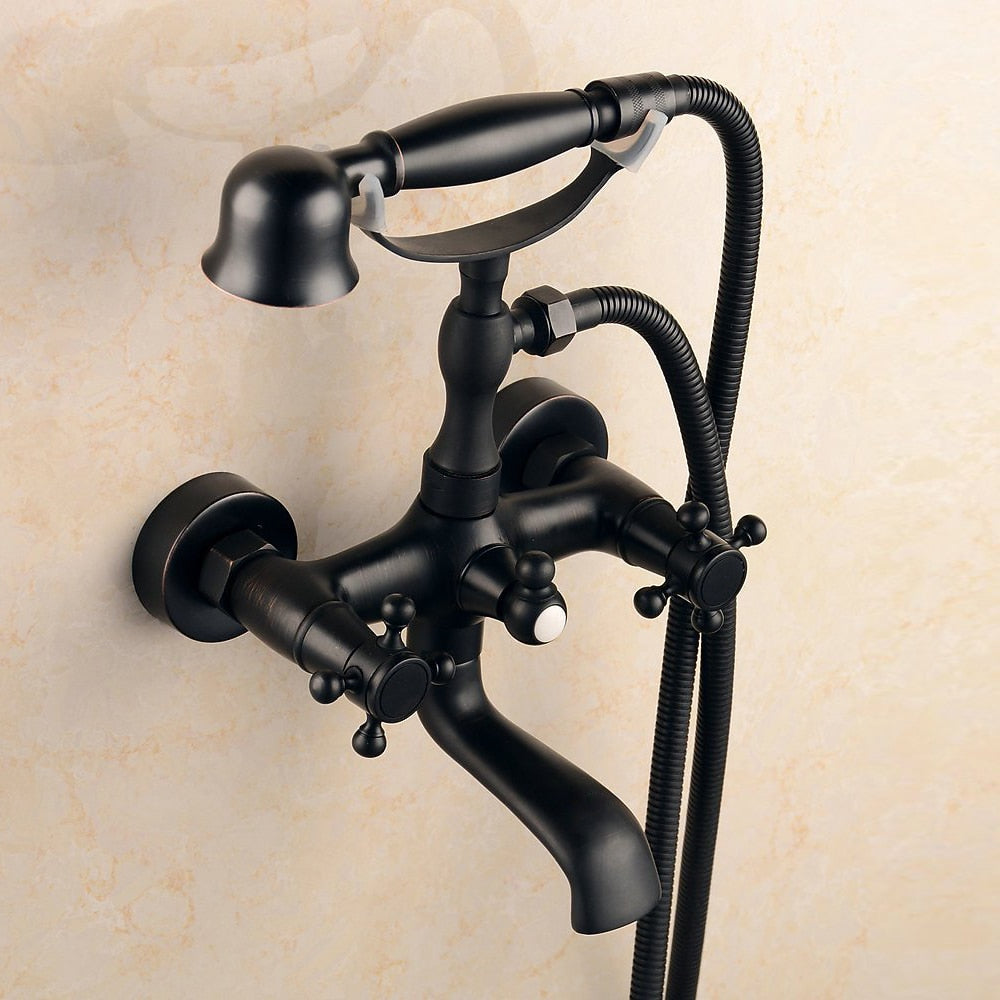 Vintage Wall-Mount Tub Faucet, Double-Handle Brass Bathtub Faucet with Telephone- Handheld Shower, Antique Brass / Matte Black
