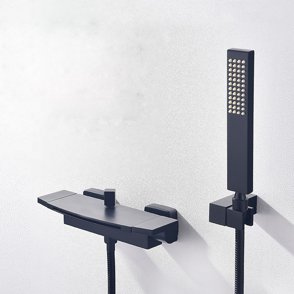 Matte Black Waterfall Wall-Mount Tub Faucet, Double-Handle Brass Bathtub Faucet with Handheld Shower