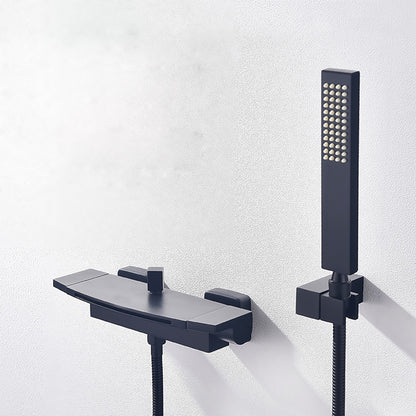 Matte Black Waterfall Wall-Mount Tub Faucet, Double-Handle Brass Bathtub Faucet with Handheld Shower
