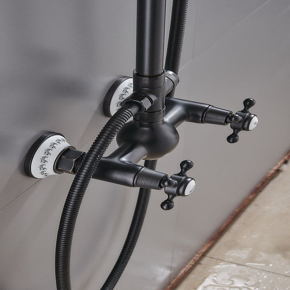 Oil-Rubbed Bronze Traditional Complete Shower System, Wall-Mounted Dual-Handle Brass Shower Faucet with Handheld Shower