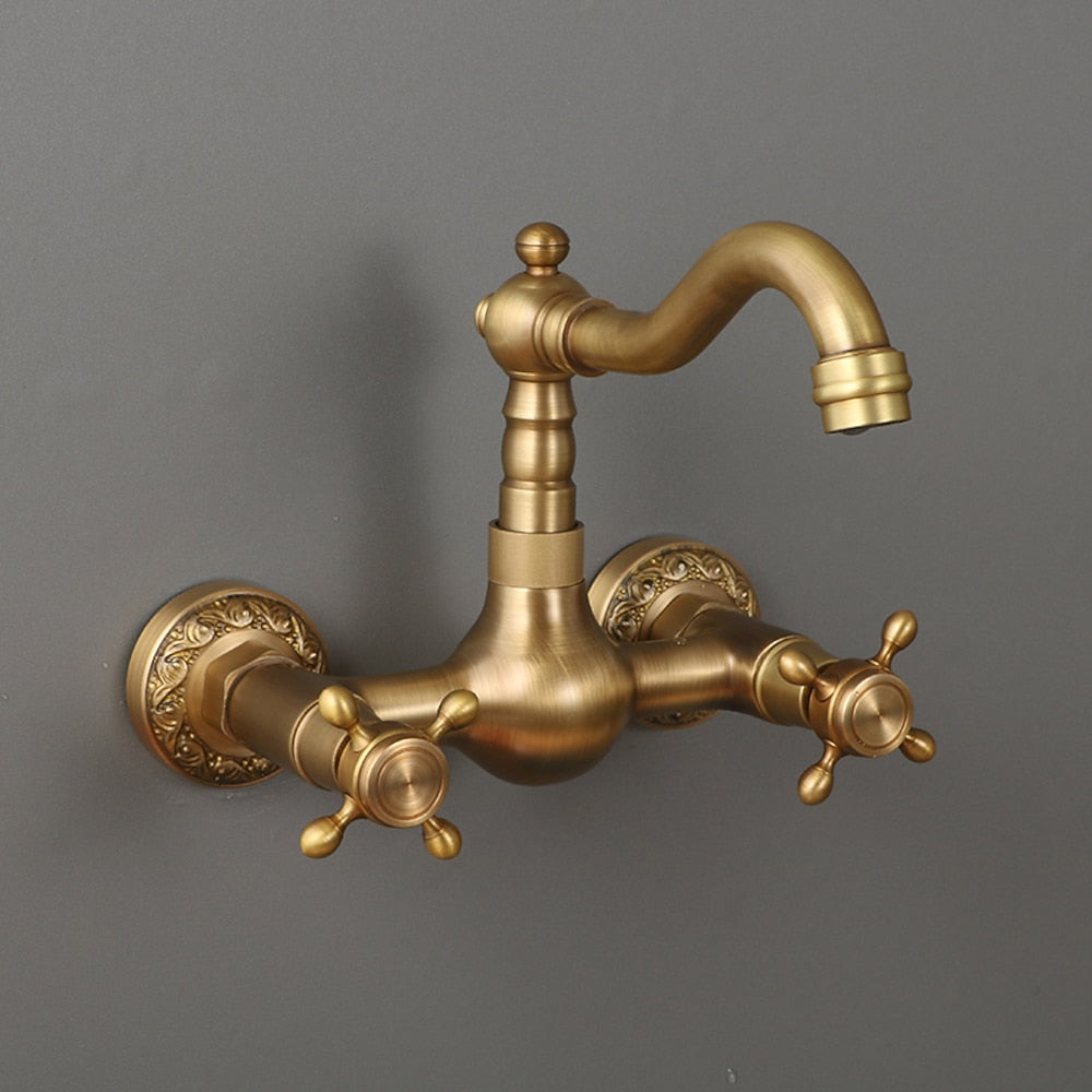 Traditional Antique Brass Wall-Mount Kitchen Faucet, Dual Cross Handle Brass Faucet with Swivel Spout