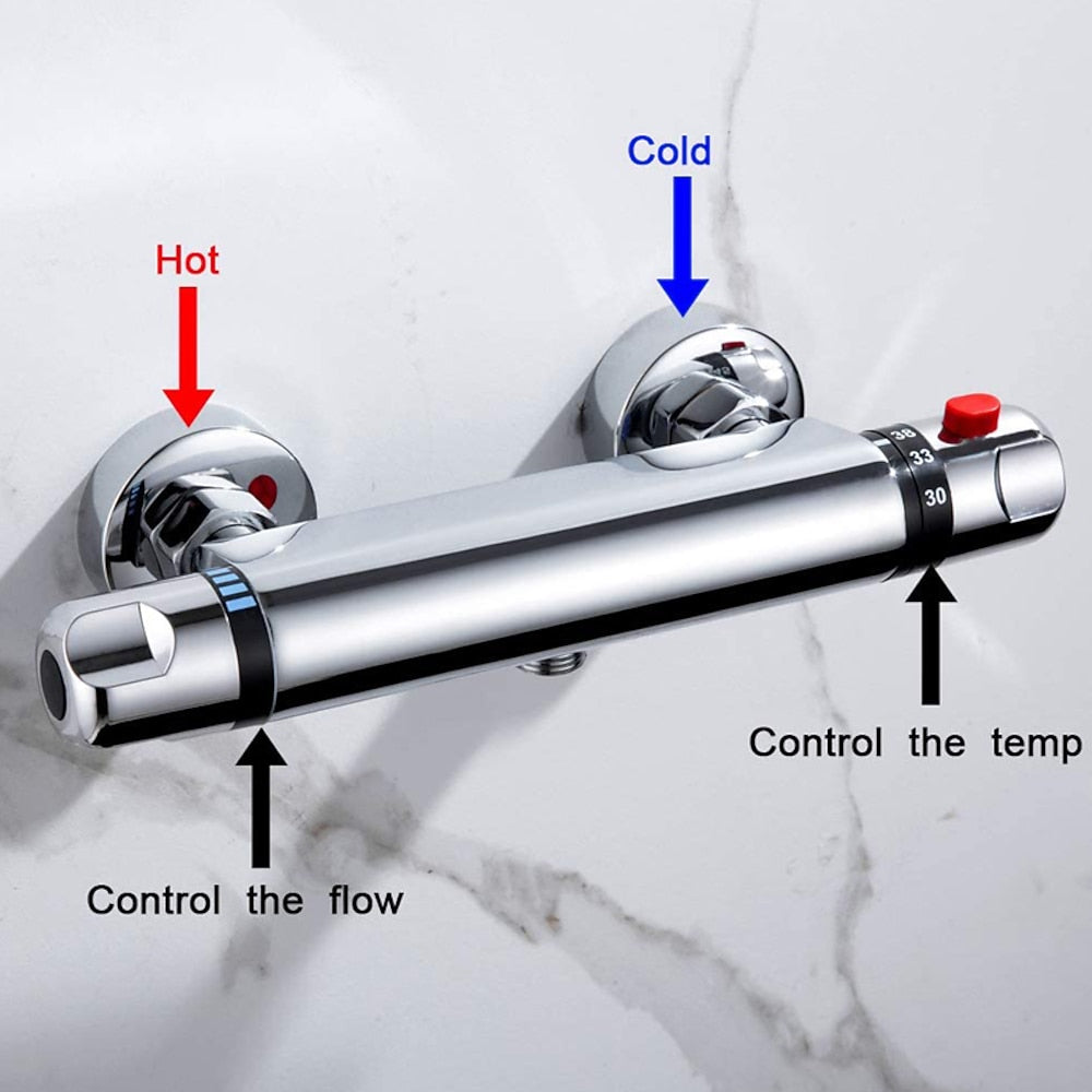 Chrome Wall-Mount Thermostatic Shower Valve, Dual-Knob Brass Mixer Bar with 38°C Safety Button