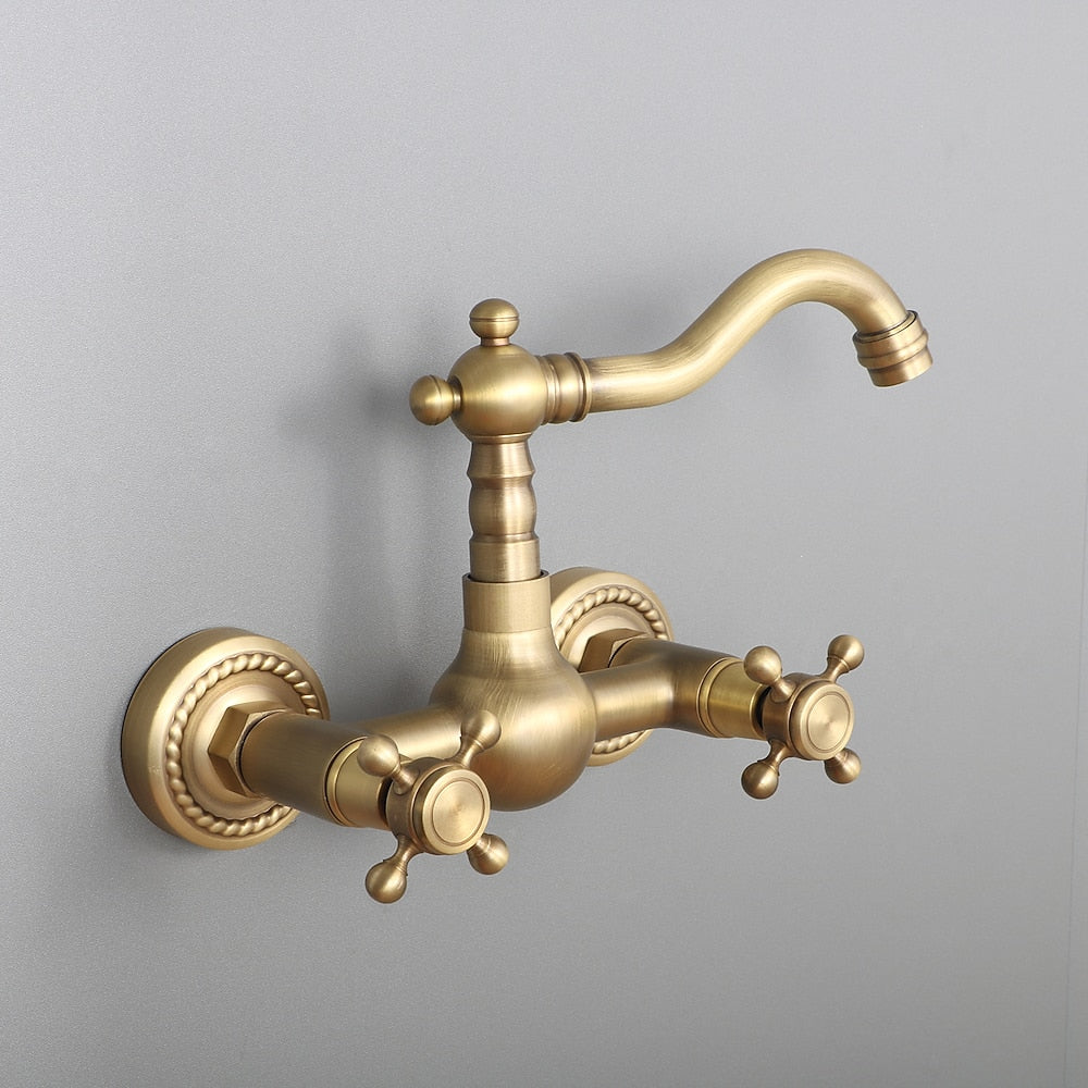 Retro Antique Brass Wall-Mount Bathroom Faucet, Double Cross Handle Swivel Spout Faucet