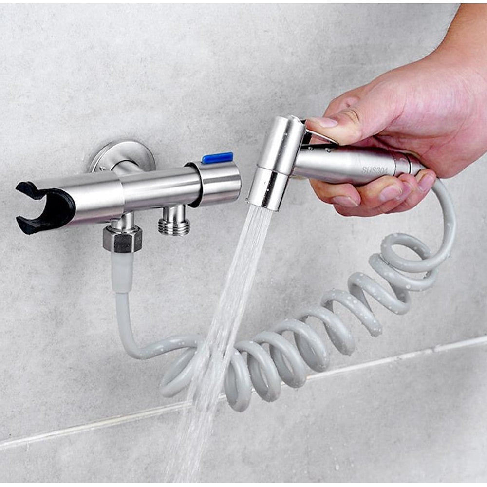 Wall-Mount Stainless Steel Handheld Toilet Bidet Sprayer Kit with Hose, Dual-Control T-Valve Sprayer, Matte Black / Stainless Steel