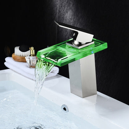 LED Waterfall Single-Hole Bathroom Faucet, Single-Handle Brass Sink Faucet, Brushed Nickel / Oil-Rubbed Bronze / Chrome