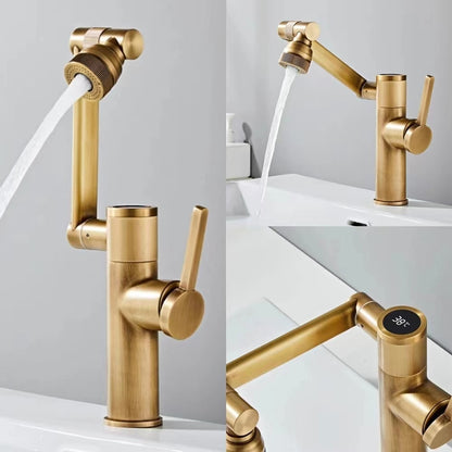 LED Temperature Display Bathroom Sink Faucet, Single-Handle Foldable Swivel Spout Faucet, Antique Brass / Gunmetal