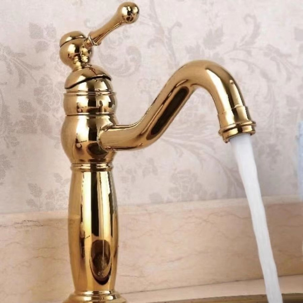 Traditional High Arc Bathroom Sink Faucet, Single-Hole Deck Mount Faucet with Ceramic Lever Handle, Polished Gold / Chrome / Antique Brass