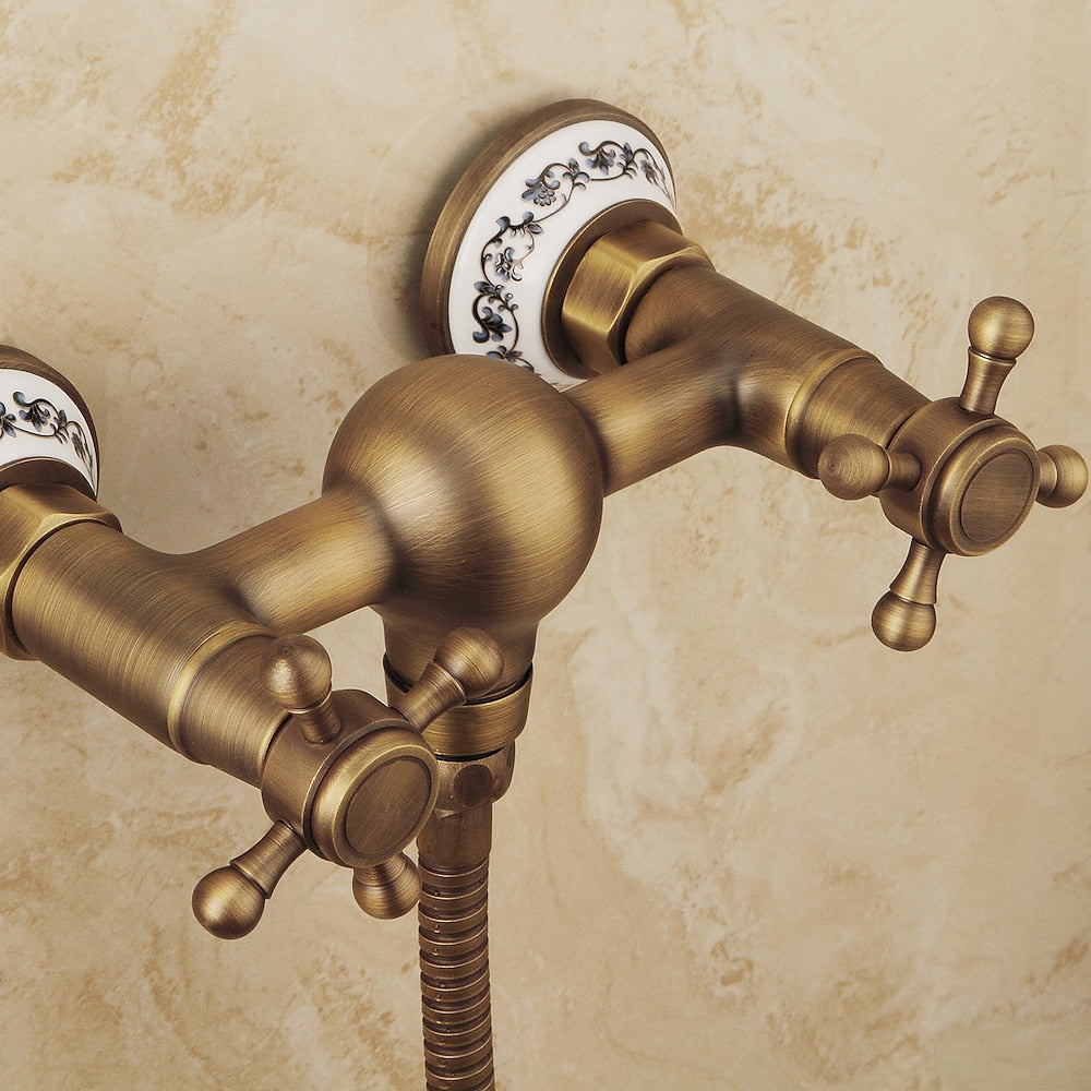 Antique Brass Wall-Mount Shower Faucet Set, Vintage Double-Handle Brass Shower Faucet with Handheld Shower