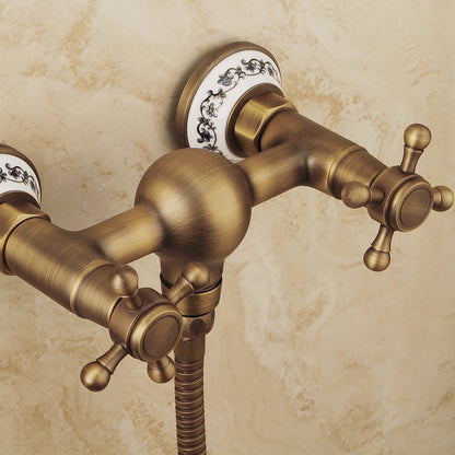Antique Brass Wall-Mount Shower Faucet Set, Vintage Double-Handle Brass Shower Faucet with Handheld Shower