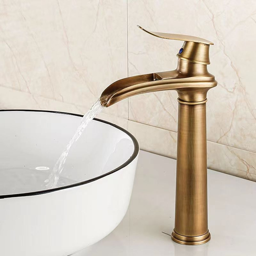 Waterfall Single-Hole Bathroom Faucet, Single-Handle Brass Faucet, Chrome / Matte Black / Brushed Nickel / Antique Brass / PVD