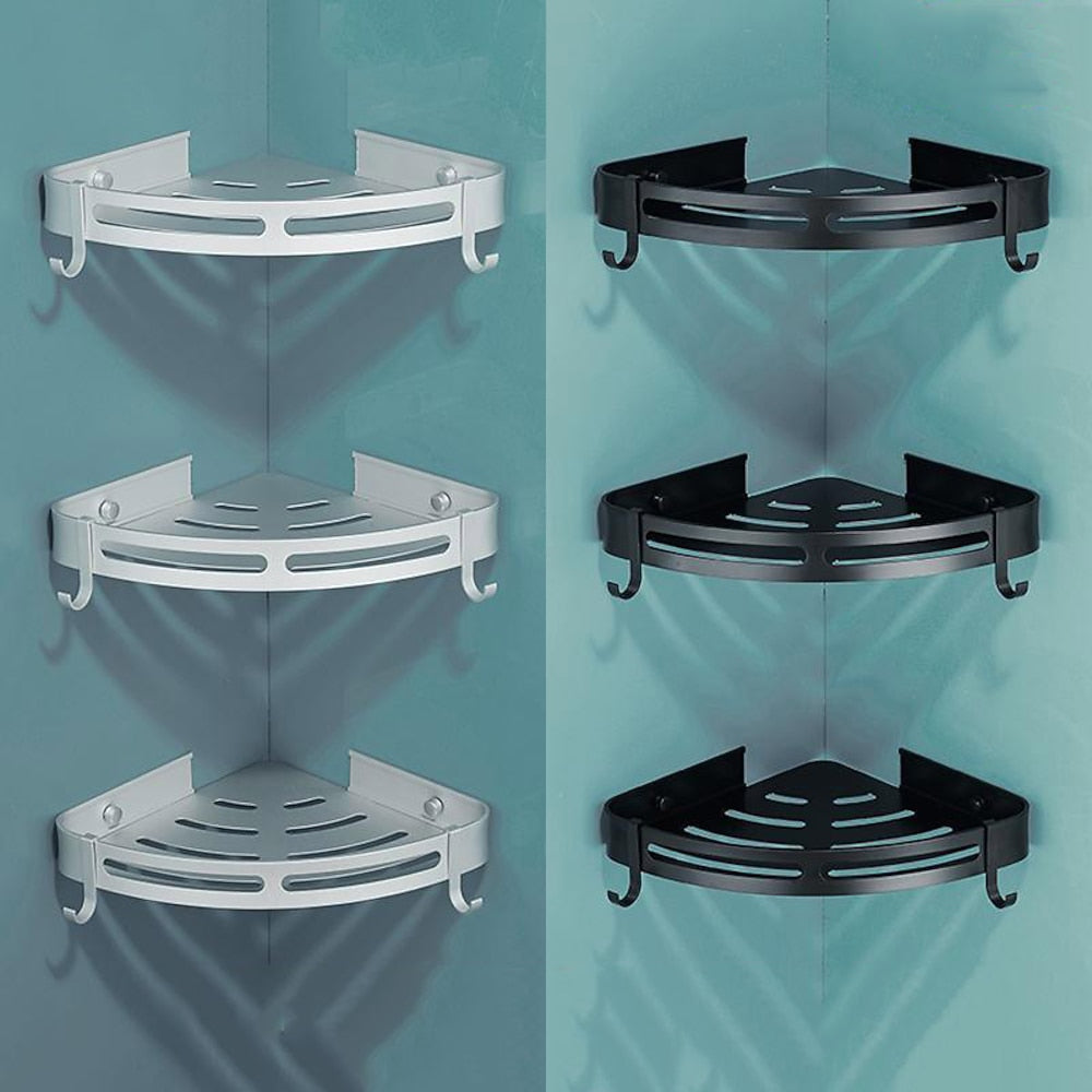 Modern Space Aluminum Wall-Mount Corner Shower Shelf, Triangle Single-Layer Shower Caddy with Hooks, Matte Black / Stainless Steel