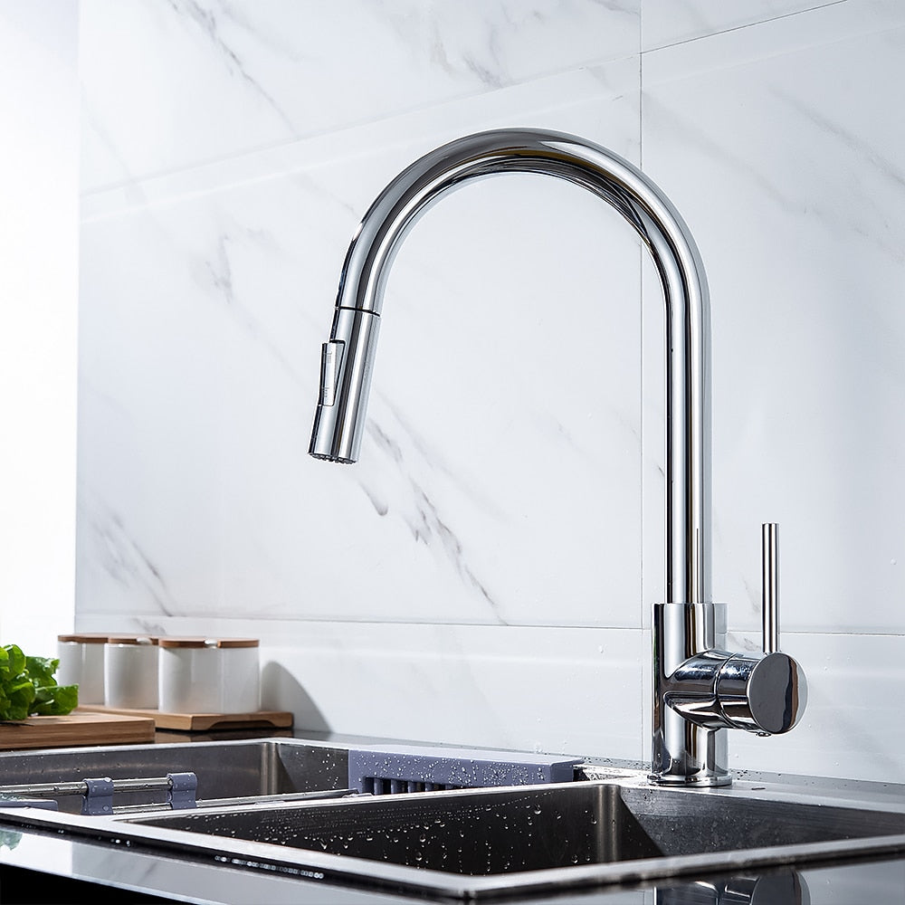 Modern Pull-Down Kitchen Faucet, Single-Handle Swivel Spout Faucet, Matte Black / Brushed Gold / Brushed Nickel / Chrome / Gunmetal