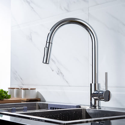 Modern Pull-Down Kitchen Faucet, Single-Handle Swivel Spout Faucet, Matte Black / Brushed Gold / Brushed Nickel / Chrome / Gunmetal