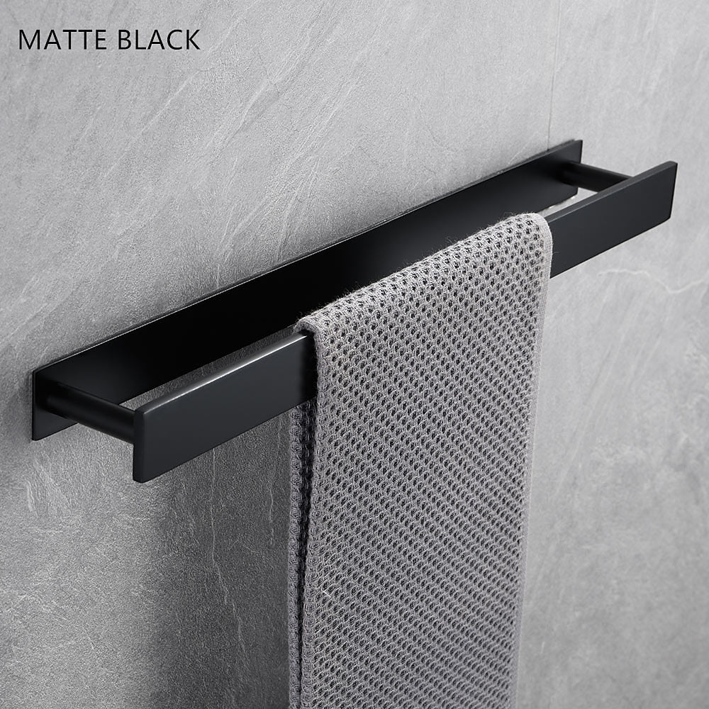 Self-Adhesive SUS304 Stainless Steel Towel Bar, Wall-Mounted No-Drill Towel Holder with Hook, Matte Black / Chrome / Brushed Nickel