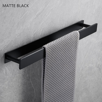Self-Adhesive SUS304 Stainless Steel Towel Bar, Wall-Mounted No-Drill Towel Holder with Hook, Matte Black / Chrome / Brushed Nickel