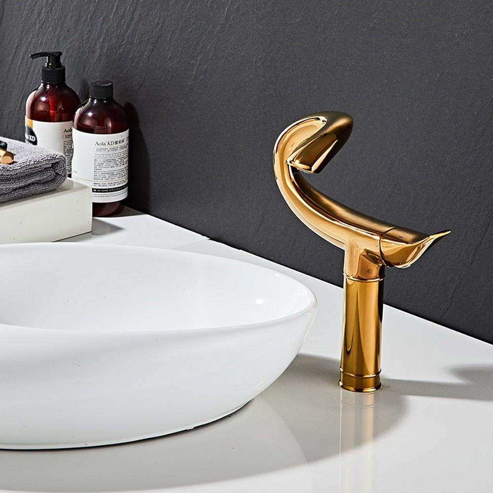 Curved High Arc Vessel Bathroom Faucet, Single-Handle Single-Hole Tall Brass Faucet