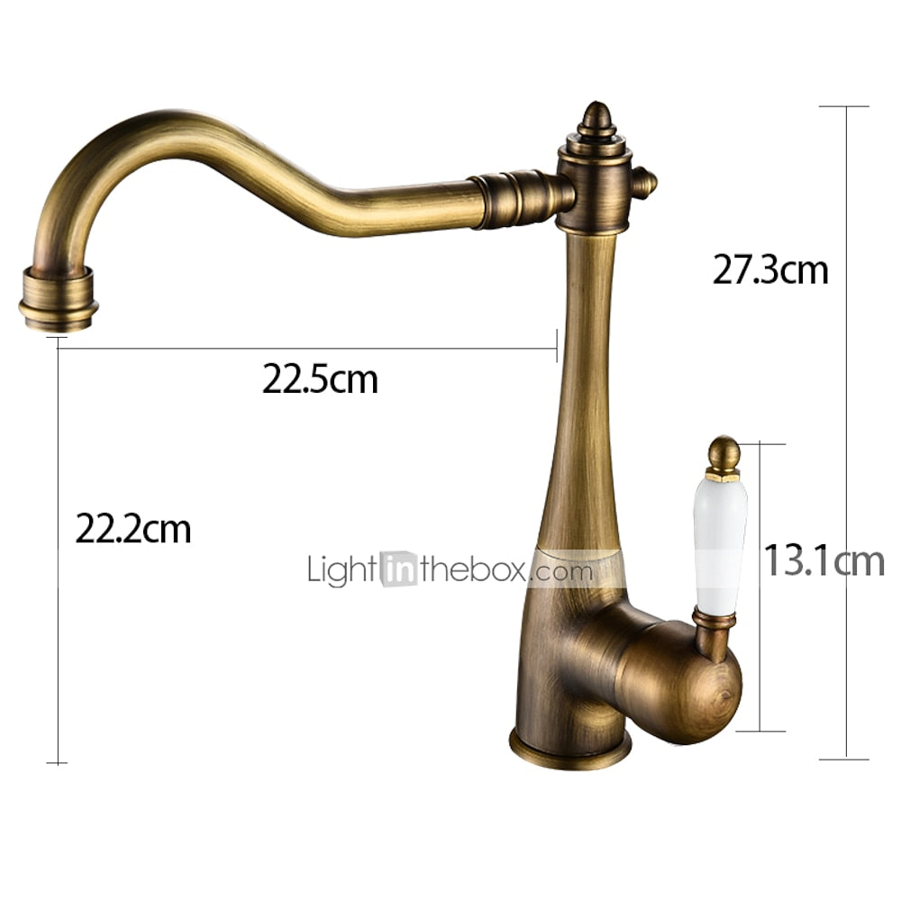 Antique Brass Retro Kitchen Faucet, Single-Hole Swivel Spout Faucet with Ceramic Handle