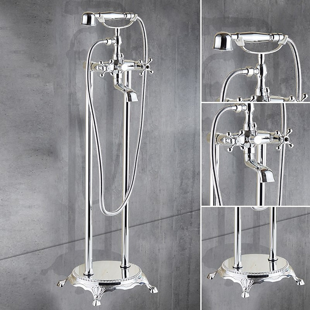 Traditional Floor-Mount Tub Filler Faucet, Double-Handle Brass Bathtub Faucet with Handheld Shower, Antique Brass / Chrome / Matte Black