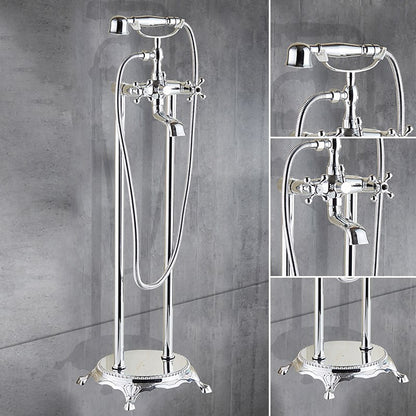 Traditional Floor-Mount Tub Filler Faucet, Double-Handle Brass Bathtub Faucet with Handheld Shower, Antique Brass / Chrome / Matte Black
