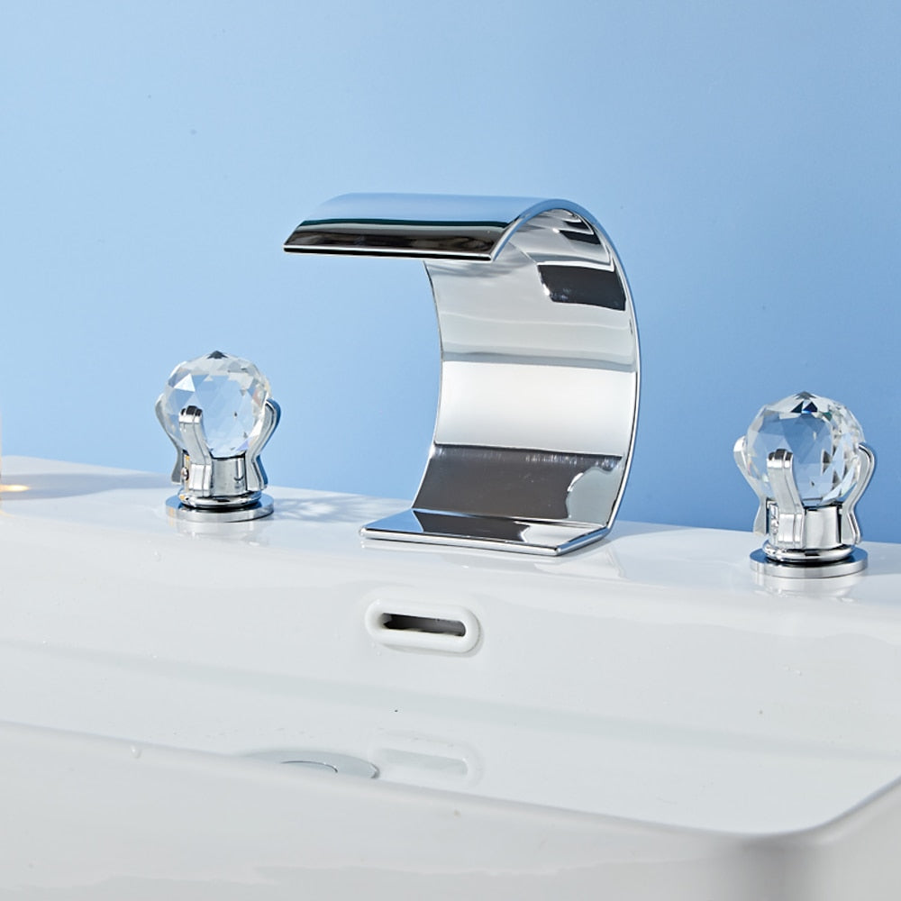 Waterfall Widespread Bathroom Faucet, 3-Hole Dual Crystal Knob Handle Faucet, Chrome / Matte Black / Polished Gold / Brushed Nickel