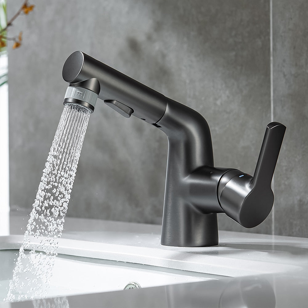 Modern Pull-Out Bathroom Sink Faucet, Single-Handle Swivel Spout Faucet, Brushed Gold / Chrome / Matte Black / Gunmetal