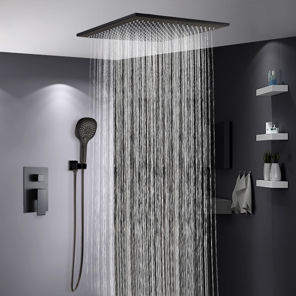 Matte Black Ceiling-Mounted Rainfall Shower System, Complete Wall-Mount Brass Shower Faucet with 3-Function Handheld Shower