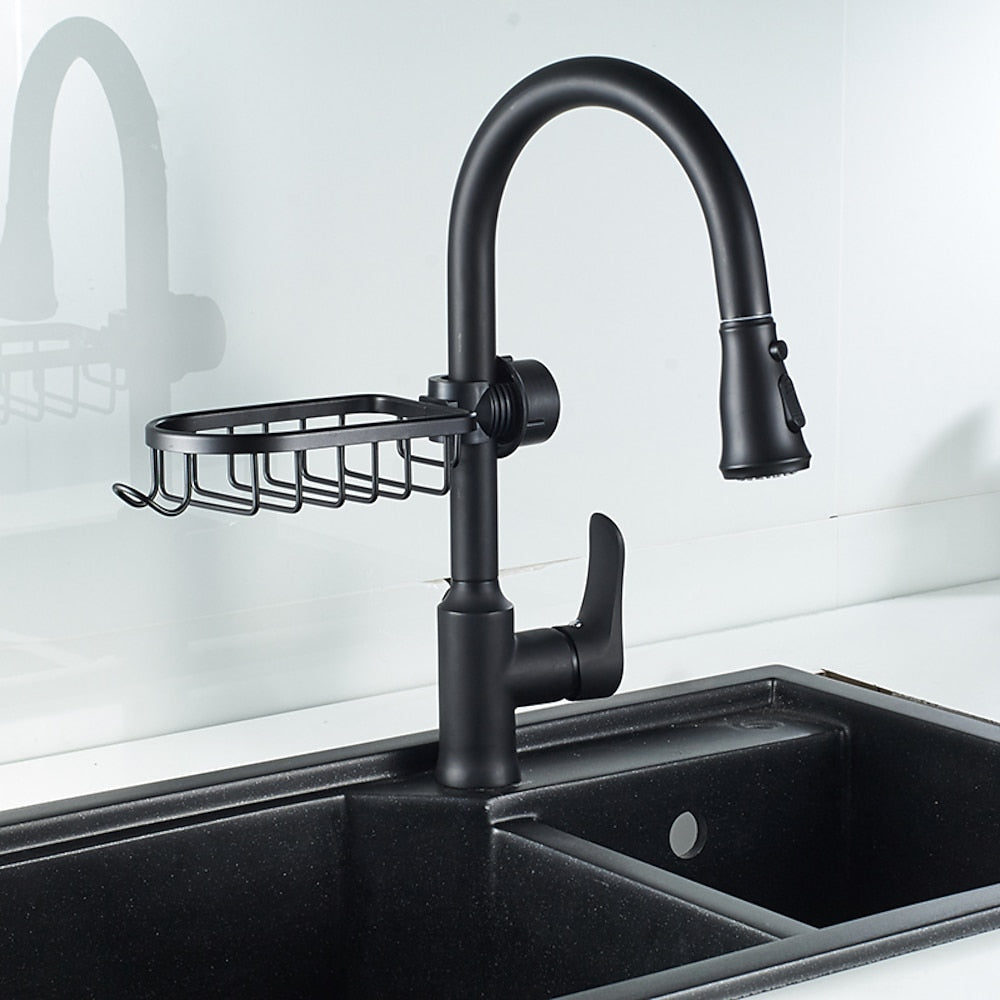 Modern Aluminum Faucet Storage Rack, Clamp-On Sink Caddy Organizer with Integrated Hooks, Black / Silver