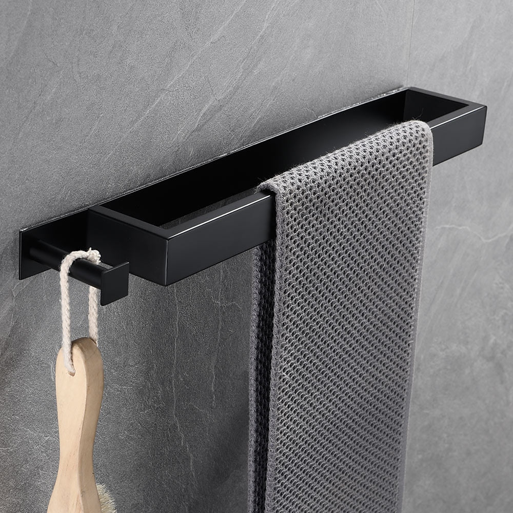 Modern Wall-Mounted Stainless Steel Towel Bar, Self-Adhesive Towel Rack with Integrated Hook, Matte Black / Chrome / Brushed Nickel / Brushed Gold