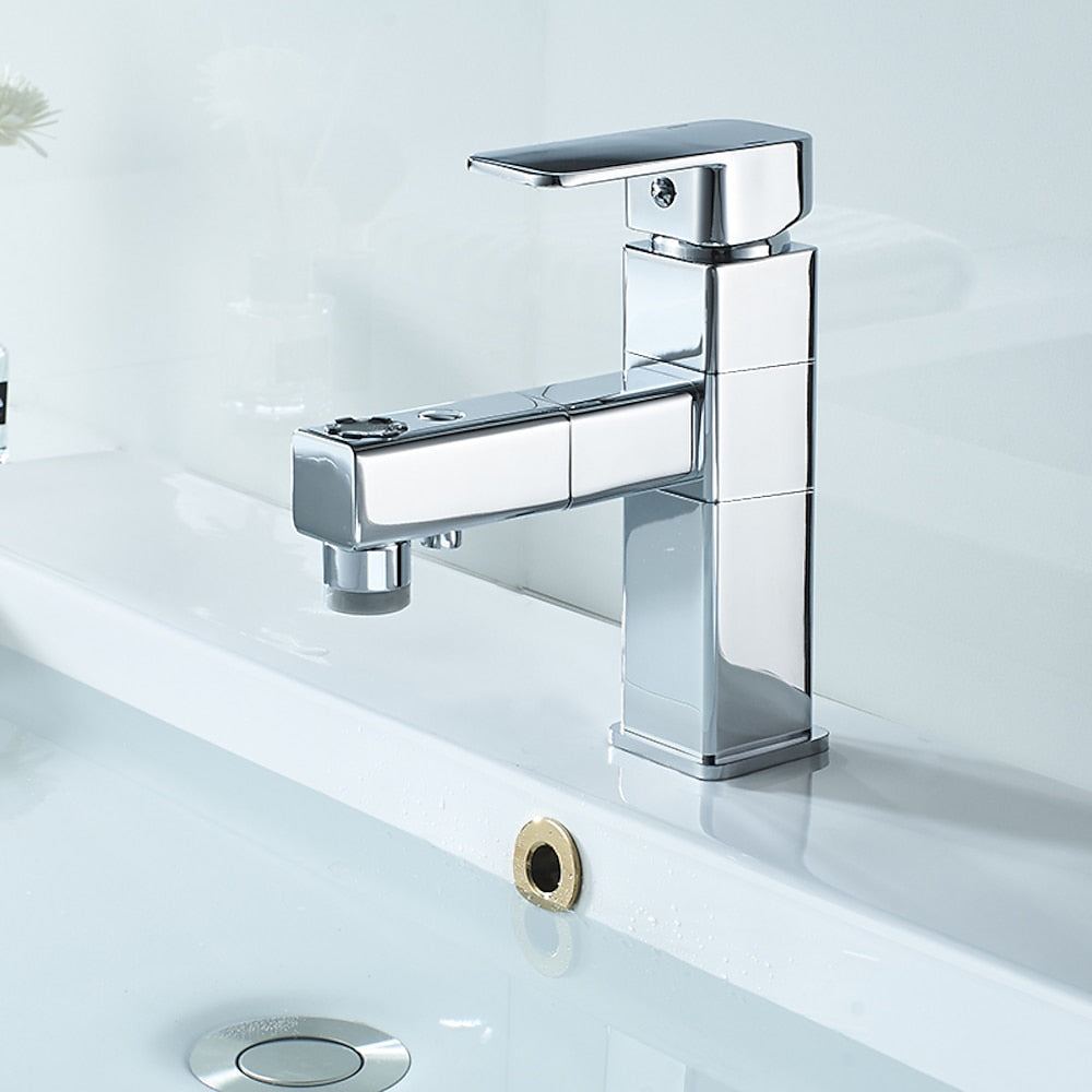 Modern Pull-Out Bathroom Faucet, Single-Hole Swivel Spout Faucet, Matte Black / Chrome / Brushed Nickel / Gunmetal / Matte White