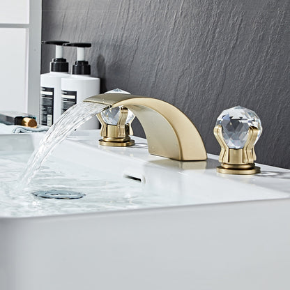 Waterfall Bathroom Faucet, Modern 3-Hole Widespread Faucet, Double Crystal Handle Faucet, Matte Black / Chrome / Brushed Gold / Polished Gold
