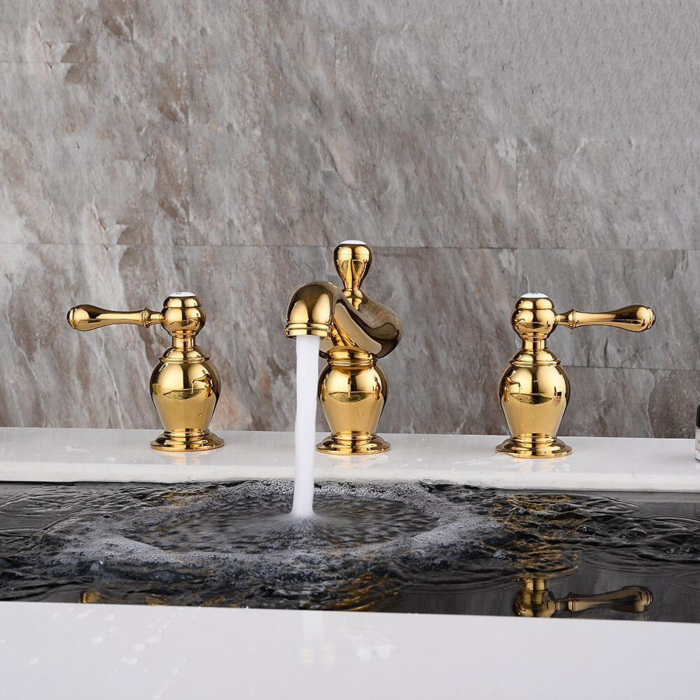 Polished Gold Vintage Widespread Bathroom Faucet, Dual-Handle Brass Sink Faucet